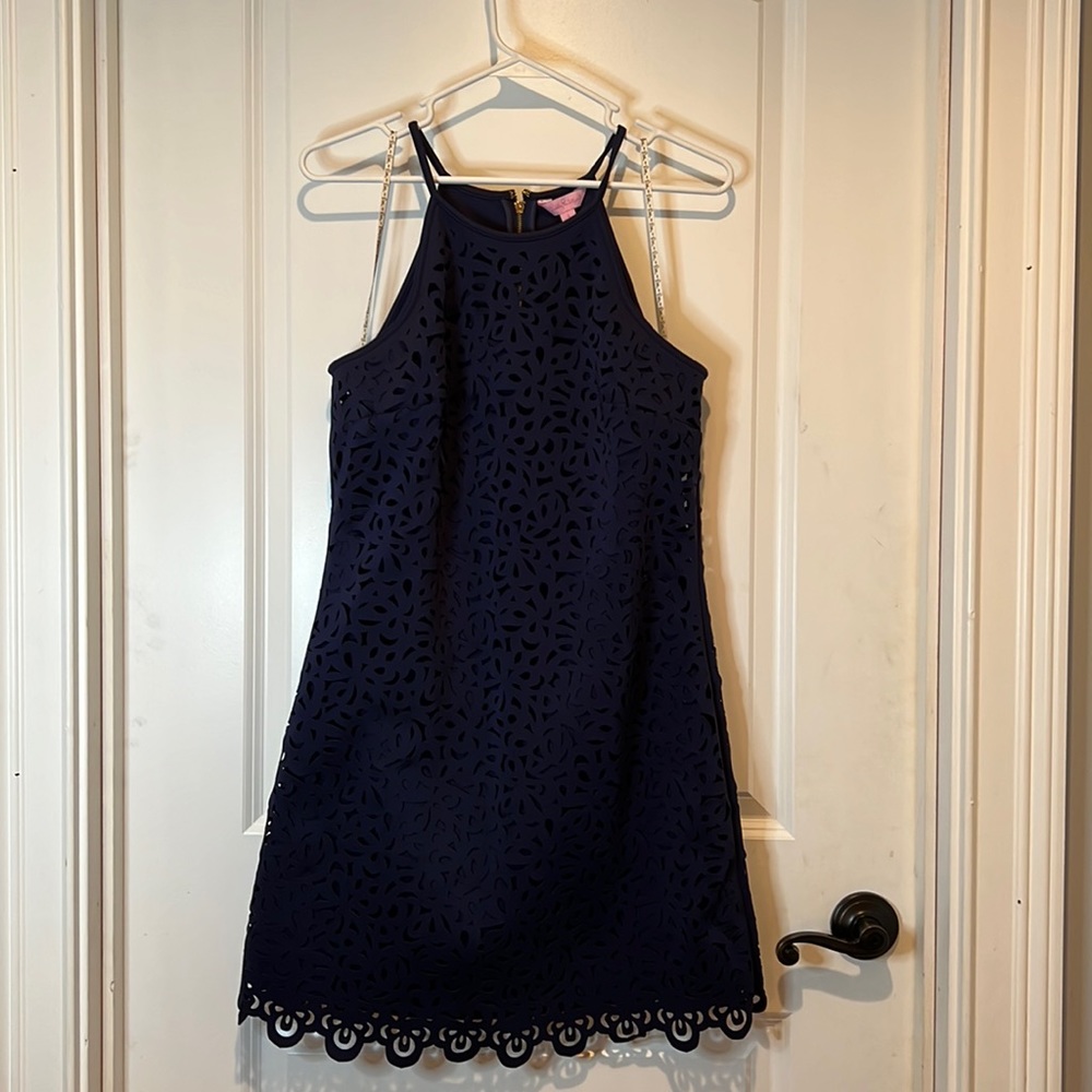 Lilly Pulitzer Pearl Shift Laser Cut Scuba True Navy Dress Size S